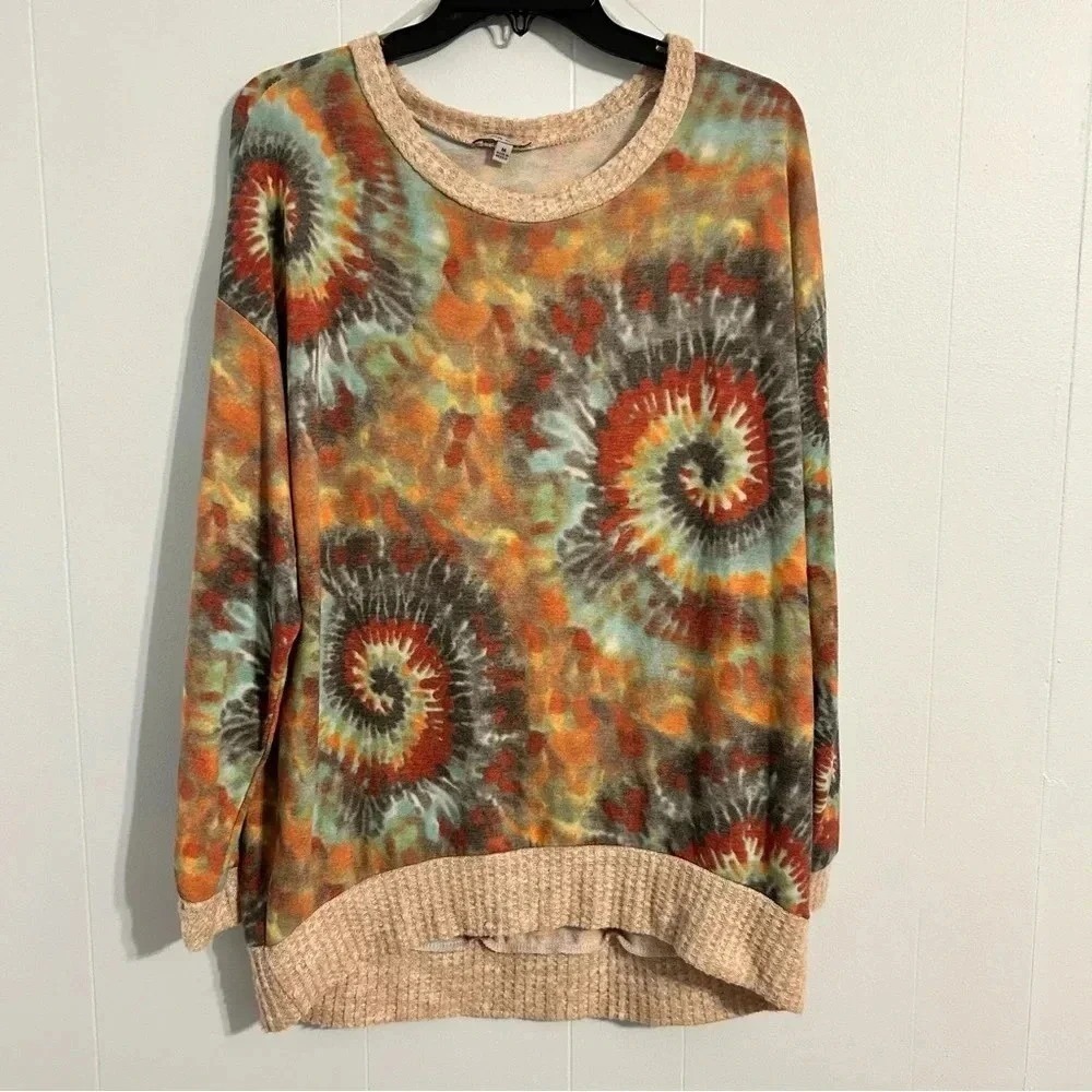 White Birch Women Tie Dye Waffle Knit Trim Long Sleeve Pullover Top Medium